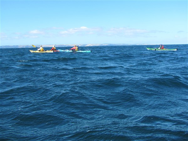 Heading out of the protection of Cape Jervis. Kangaroo Island in the distance.